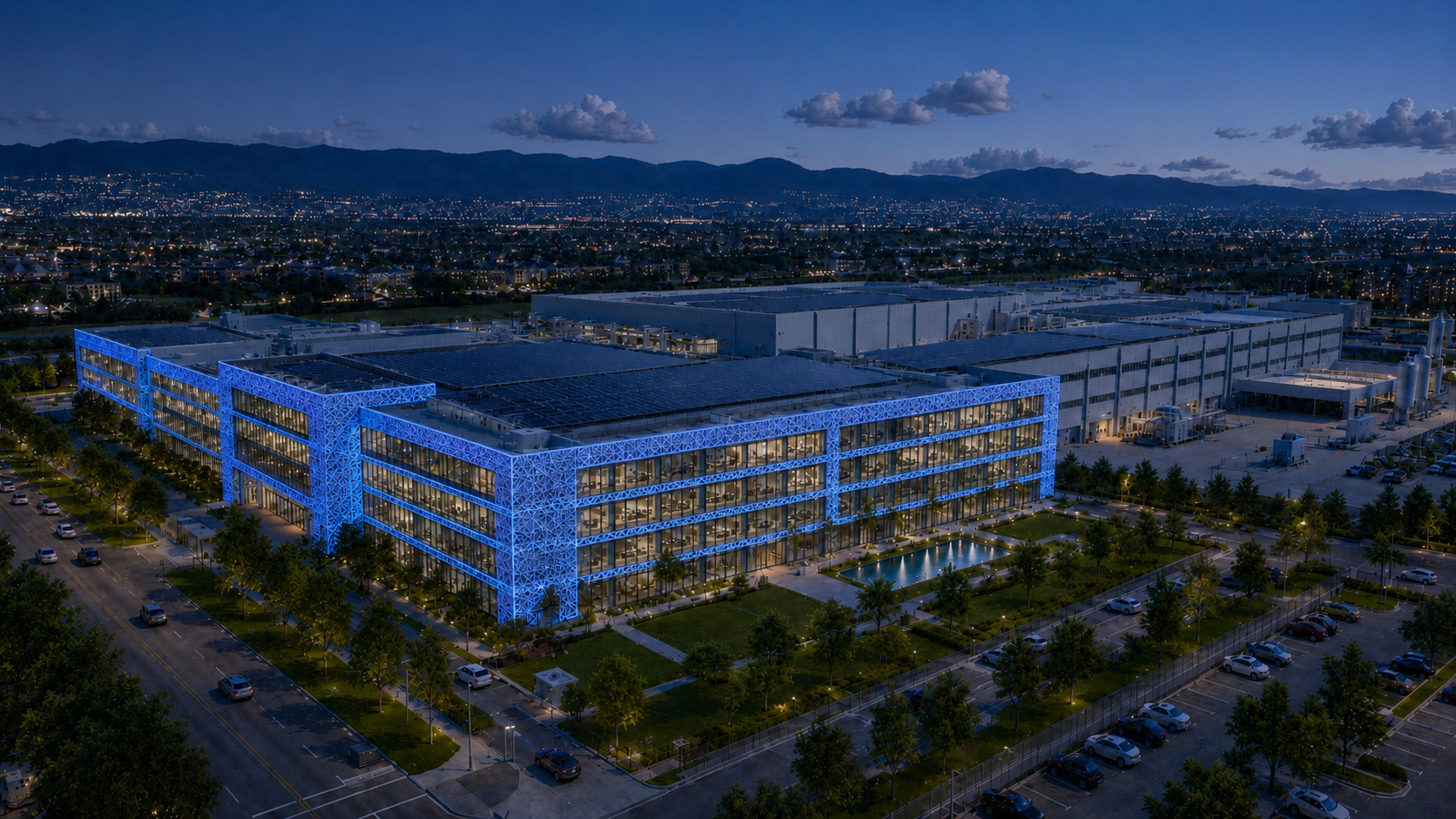 GloGreen Manufacturing Campus at dusk with illuminated blue UHPNC facade panels, production halls, solar roofing, and mountain backdrop with city lights