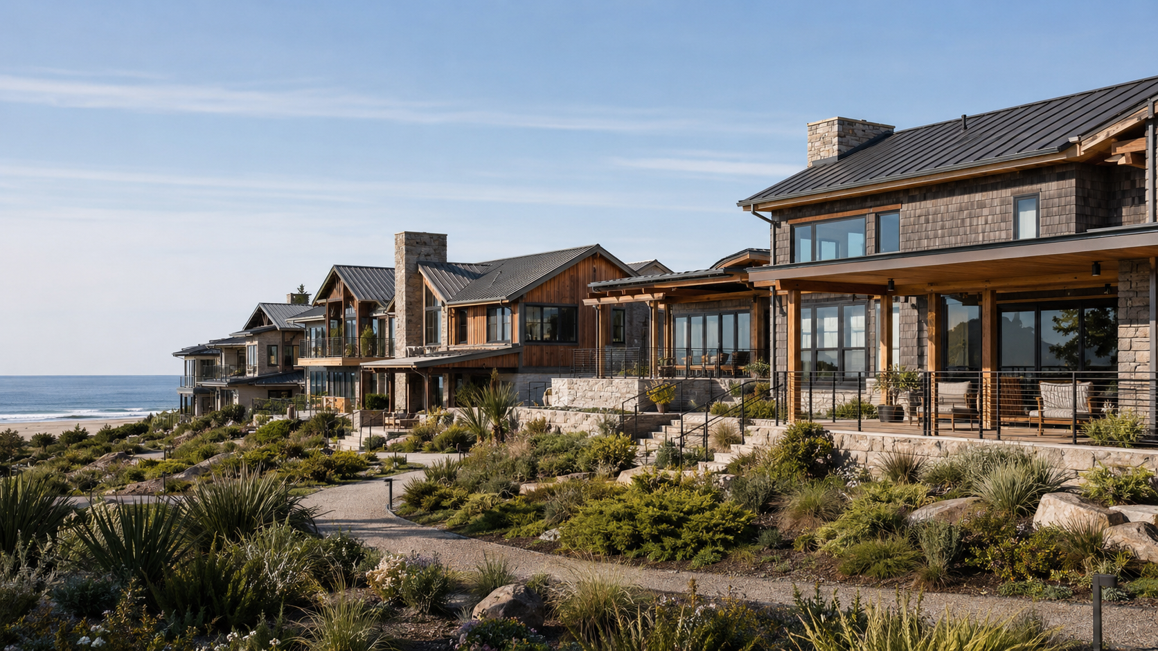 Coastal residential community with shingle and stone homes, metal roofing, covered porches, oceanfront views, and native coastal landscaping