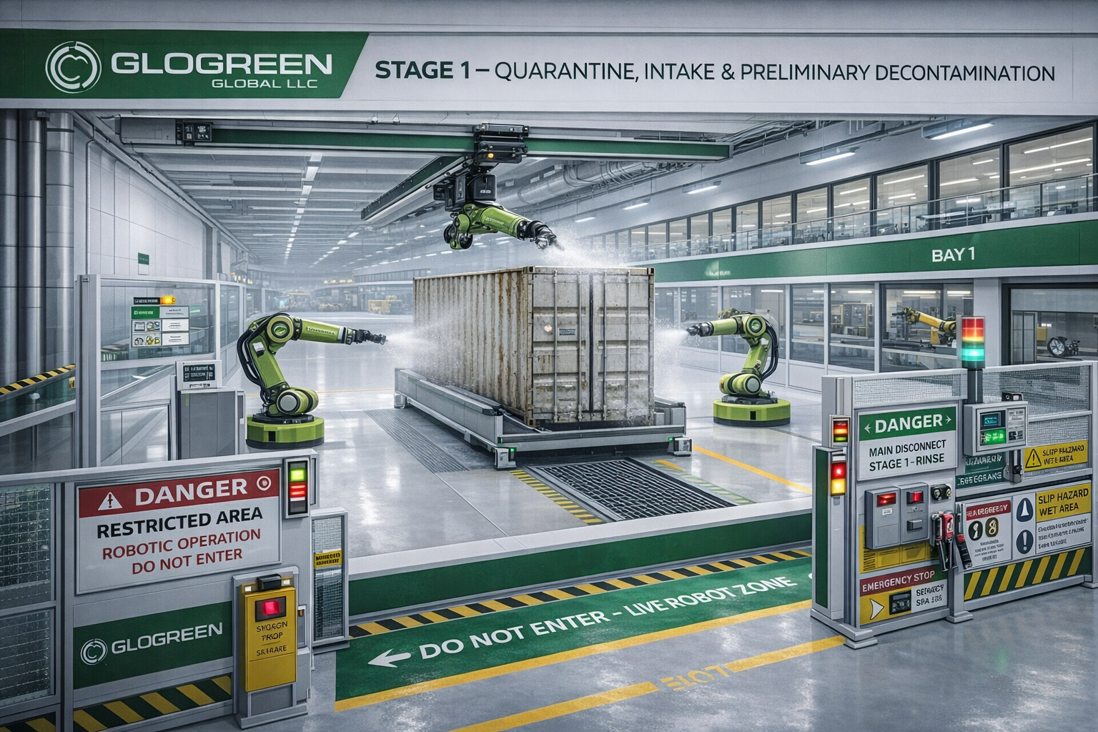 Stage 1 quarantine and decontamination bay with robotic systems processing shipping containers