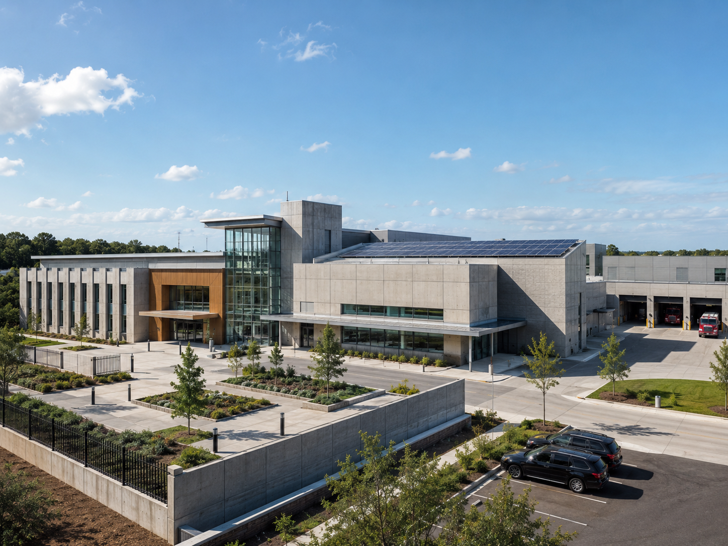 Modern institutional public safety facility with precast concrete panels, solar roofing, glass tower element, and fire station bays