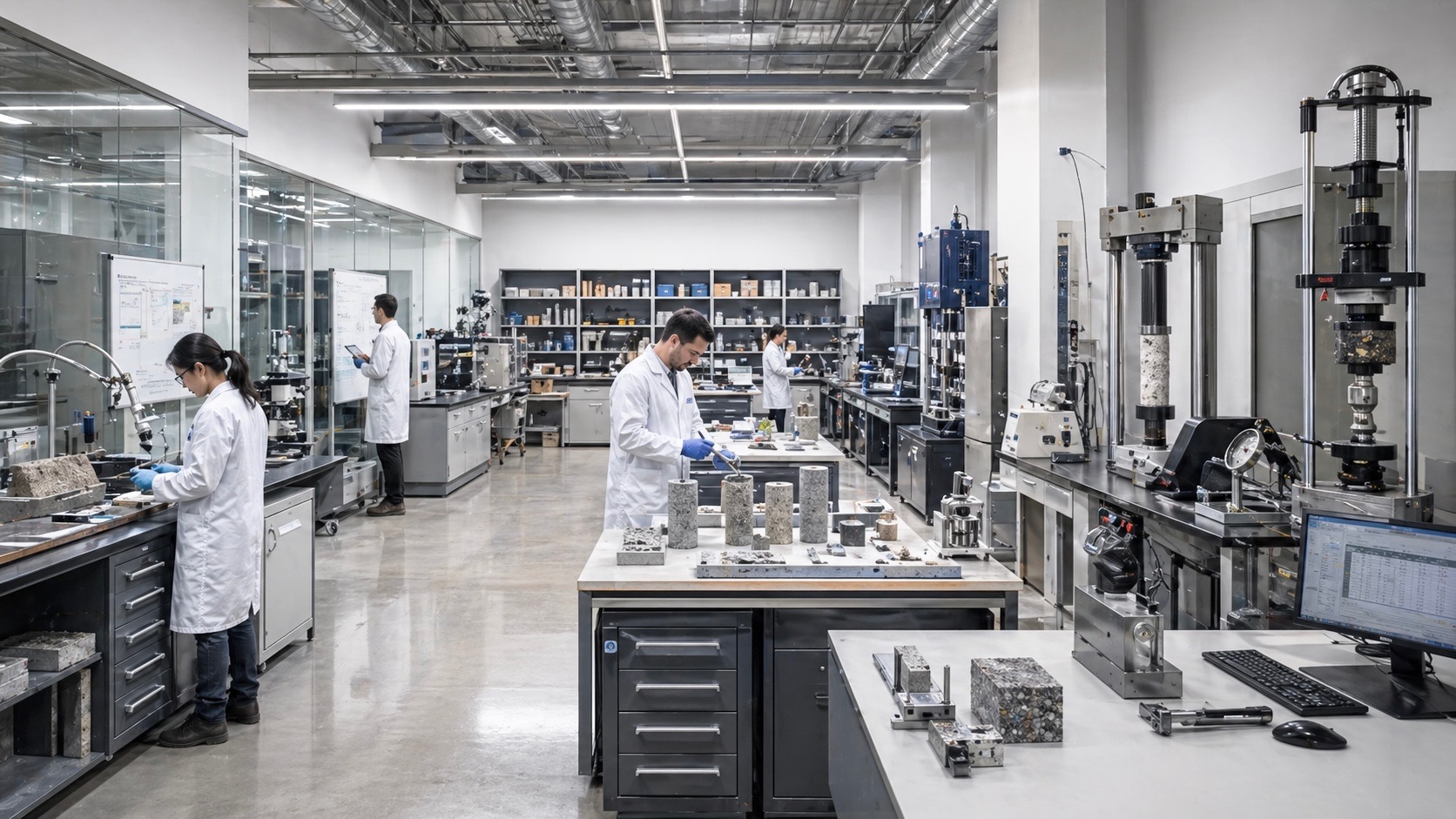 Materials testing and validation environment for advanced concrete systems and building-product applications