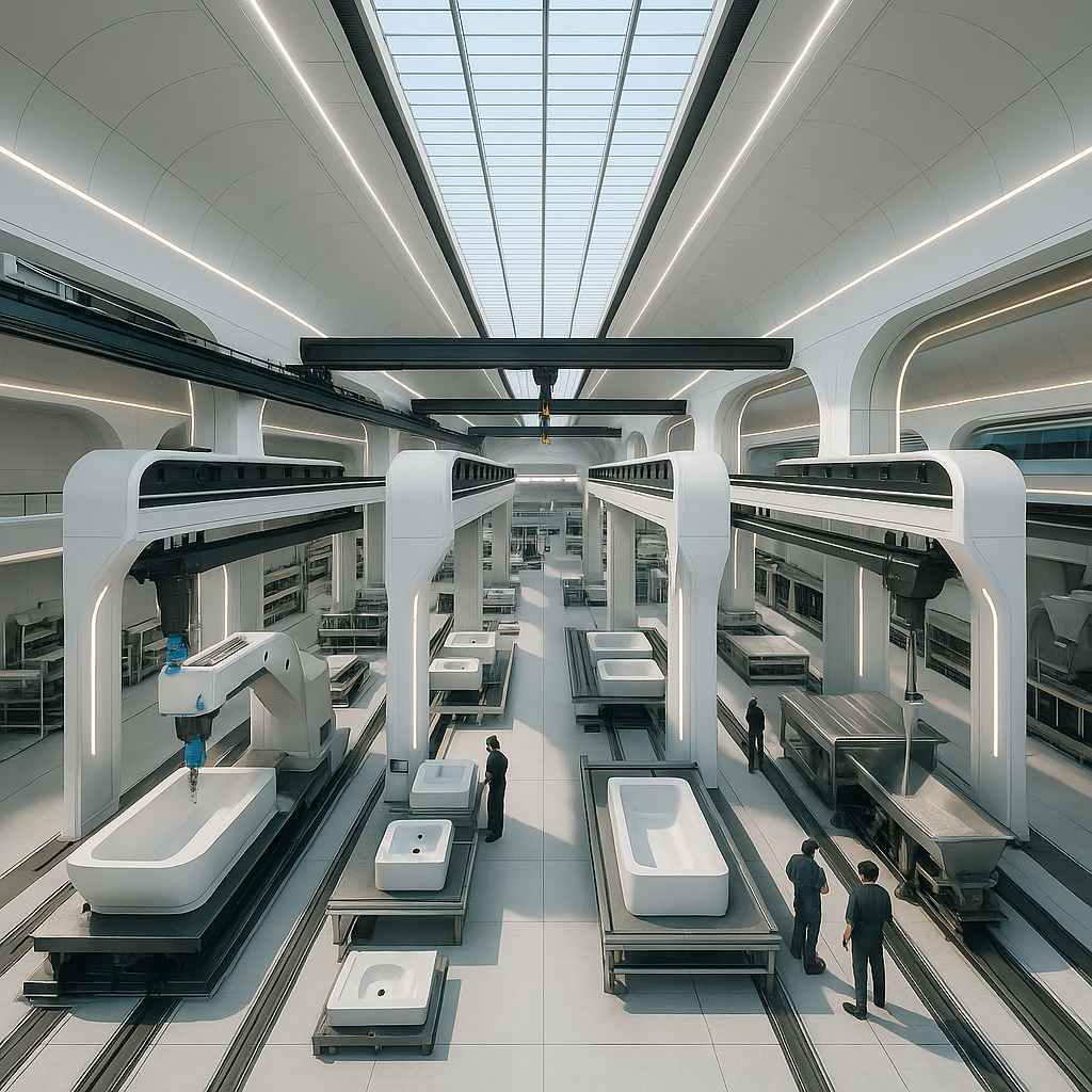 Advanced composite manufacturing floor with precision robotics and automated systems