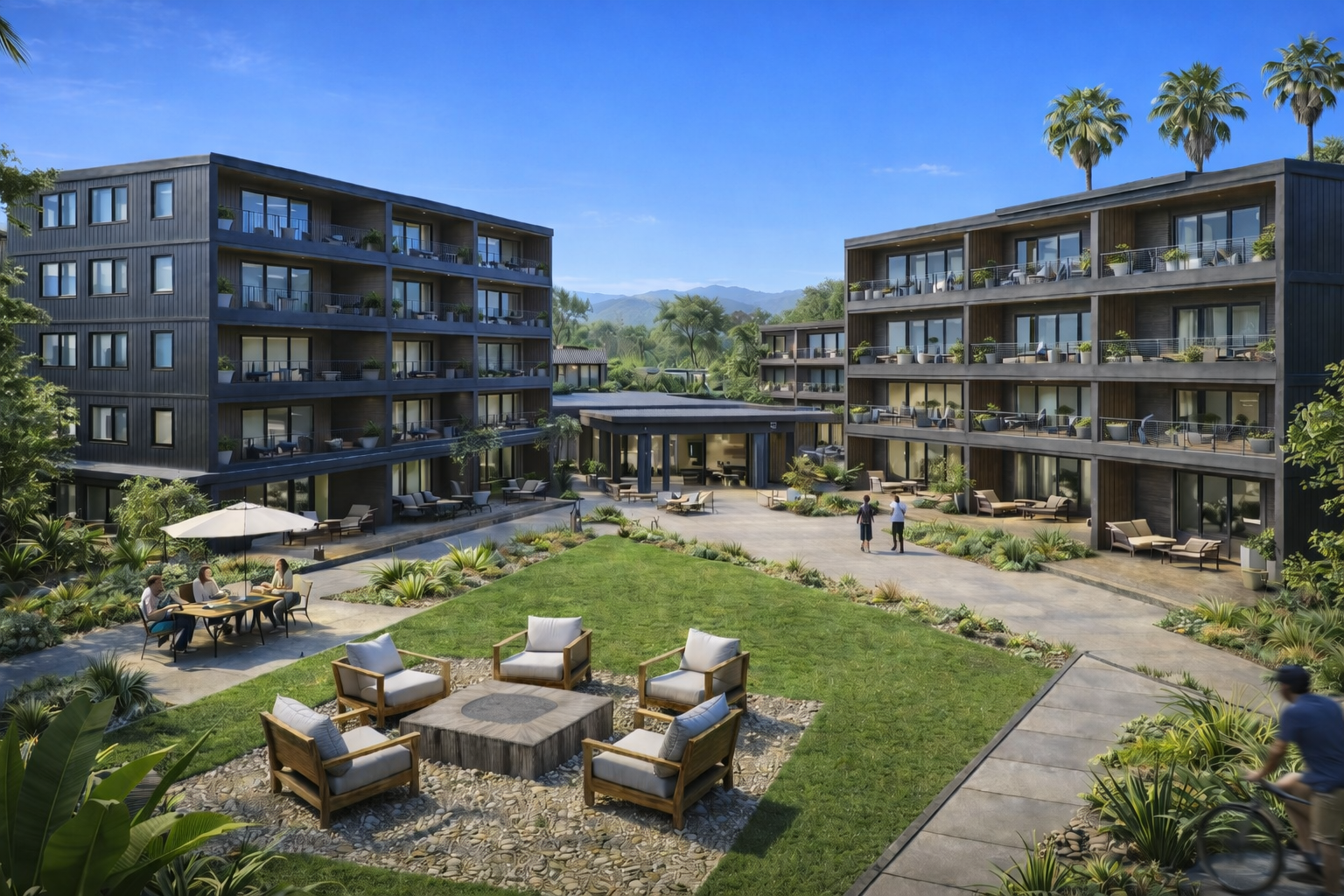 Multifamily residential community with courtyard amenities and integrated landscaping