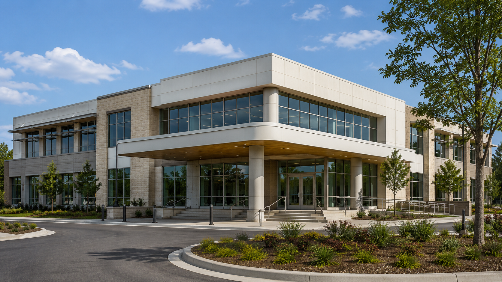 Modern two-story civic building with stone and white panel cladding, covered entrance portico, large glass windows, and landscaped grounds