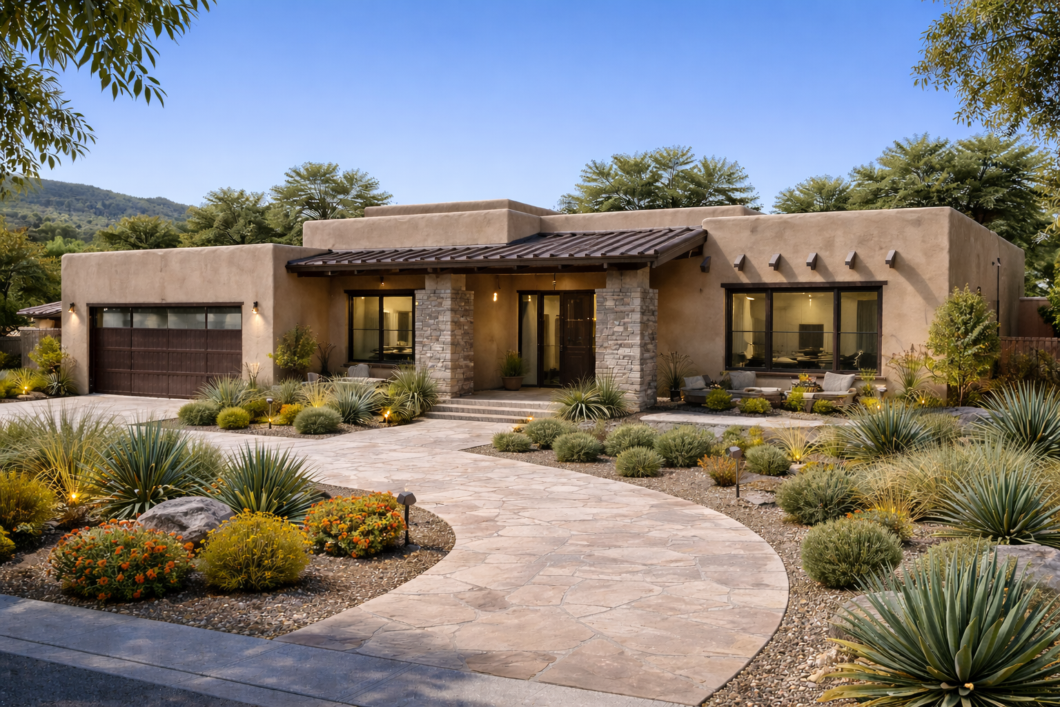 Southwest adobe-style home with desert landscaping, stone accents, and regional architectural identity
